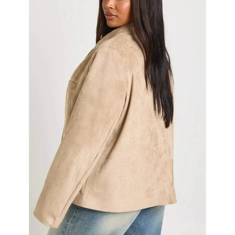Womens Plus 24 NEW Faux Suede Double Breasted Blazer Stone Tan Relaxed Boohoo